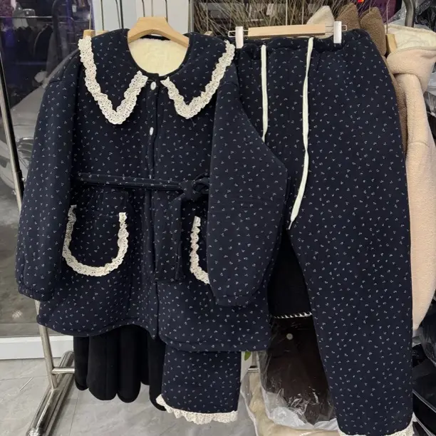 冬季三层夹棉加厚大码孕妇款蕾丝韩版可外穿保暖家居服套装