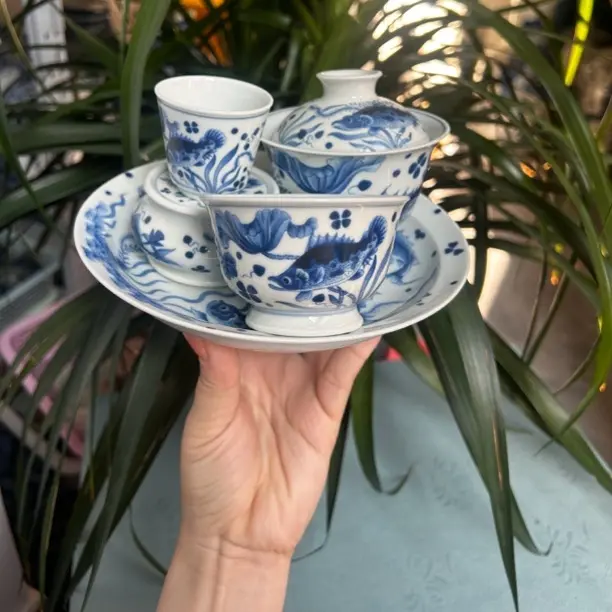 景德镇釉下青花鱼藻茶具复古怀旧安全高温