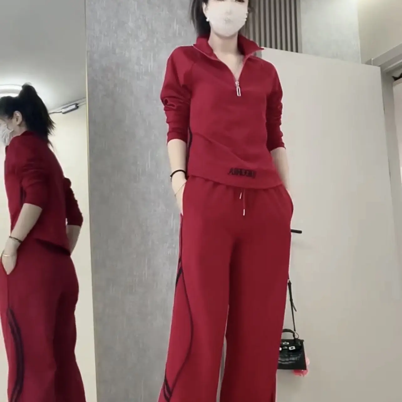 休闲运动套装女2025春秋新款时尚显瘦拼接条纹上衣阔腿裤两件套潮