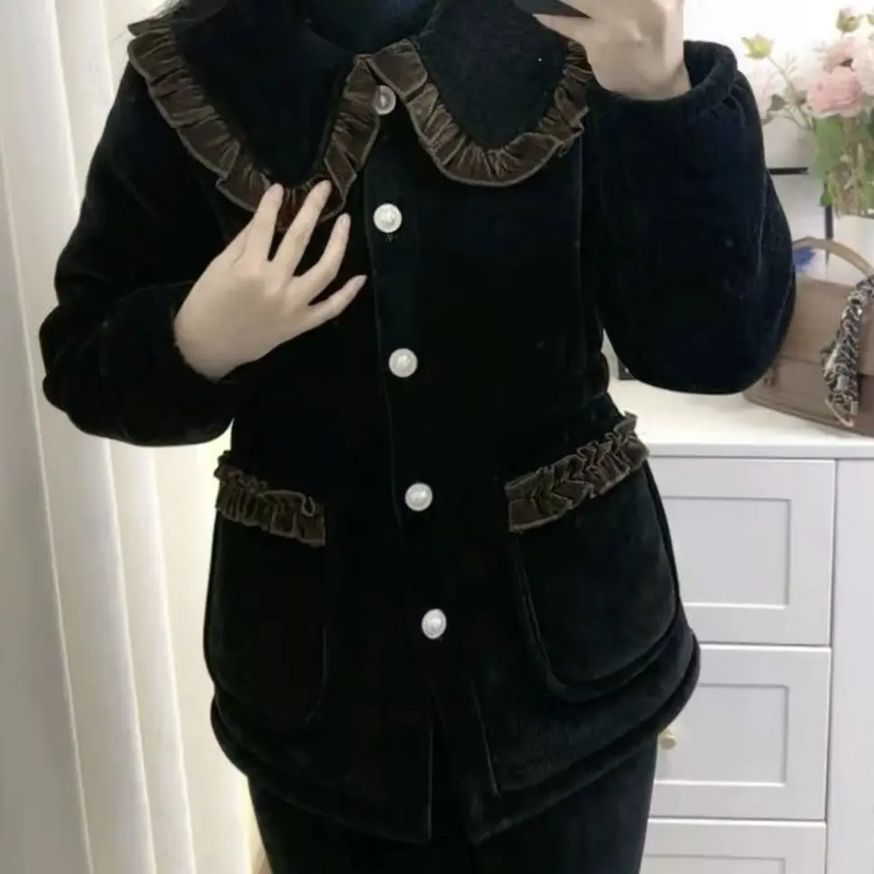 外穿冷冬休闲咖色娃娃领花边睡衣家居服保暖上衣收腰款 直筒款