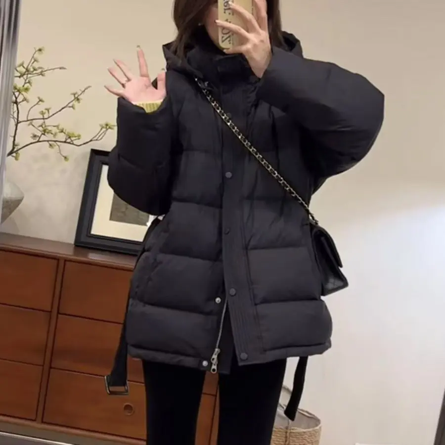 冬季韩版系带收腰显瘦白鸭绒连帽中长款加厚外套防寒