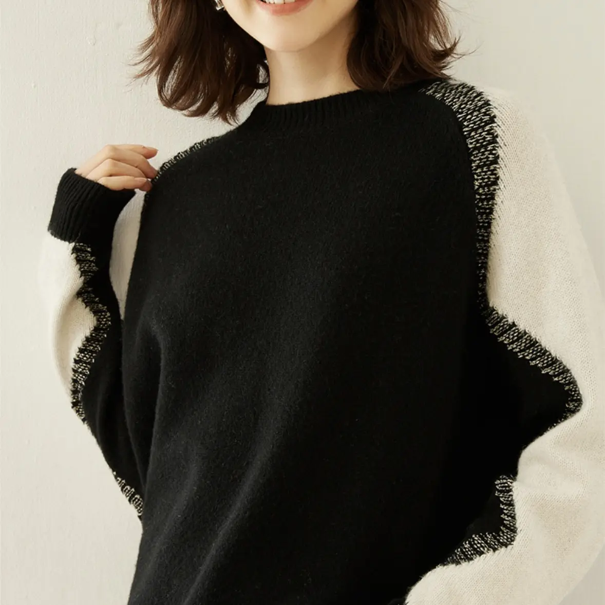 【100%山羊绒】金银丝拼色圆领女士秋冬加厚宽松显瘦针织打底毛