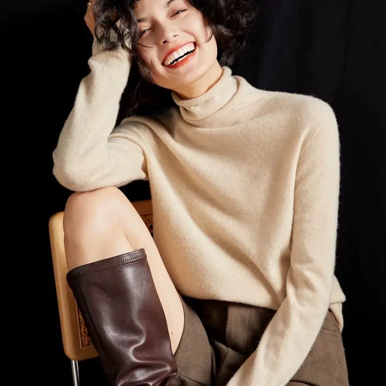 全羊毛针织长袖女毛针织衫中长款堆堆领衫高领毛毛衣