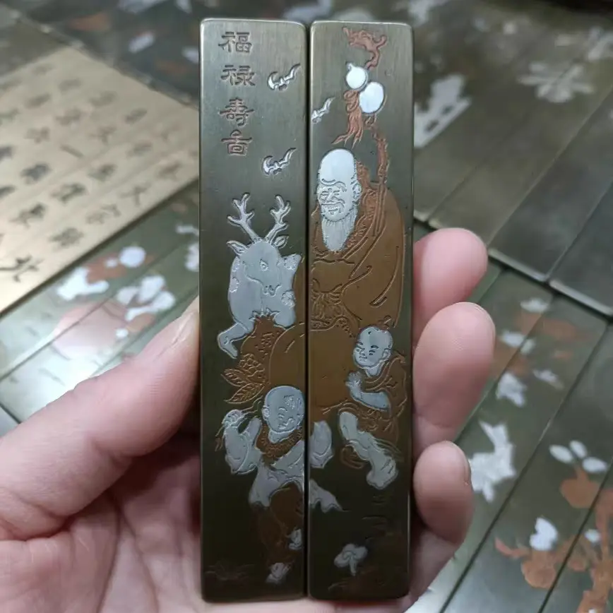 复古铜合金镇尺书法彩色小号镇纸精雕福禄寿图案压尺