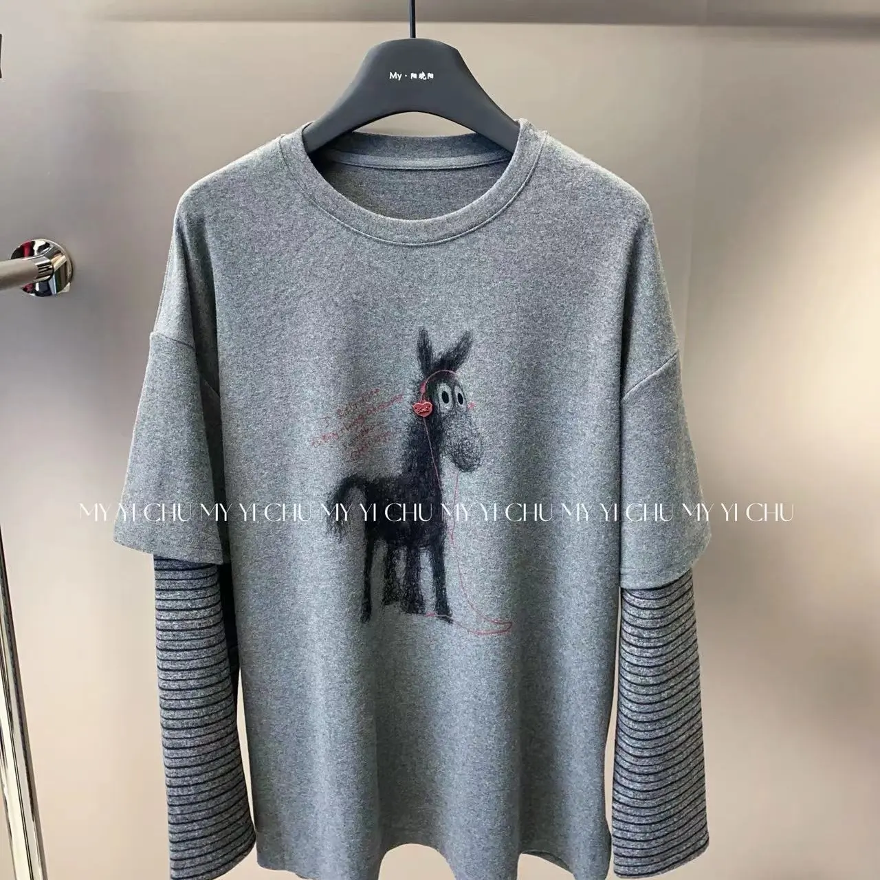 KTX新年款小马假两件条纹袖拼接T恤37605