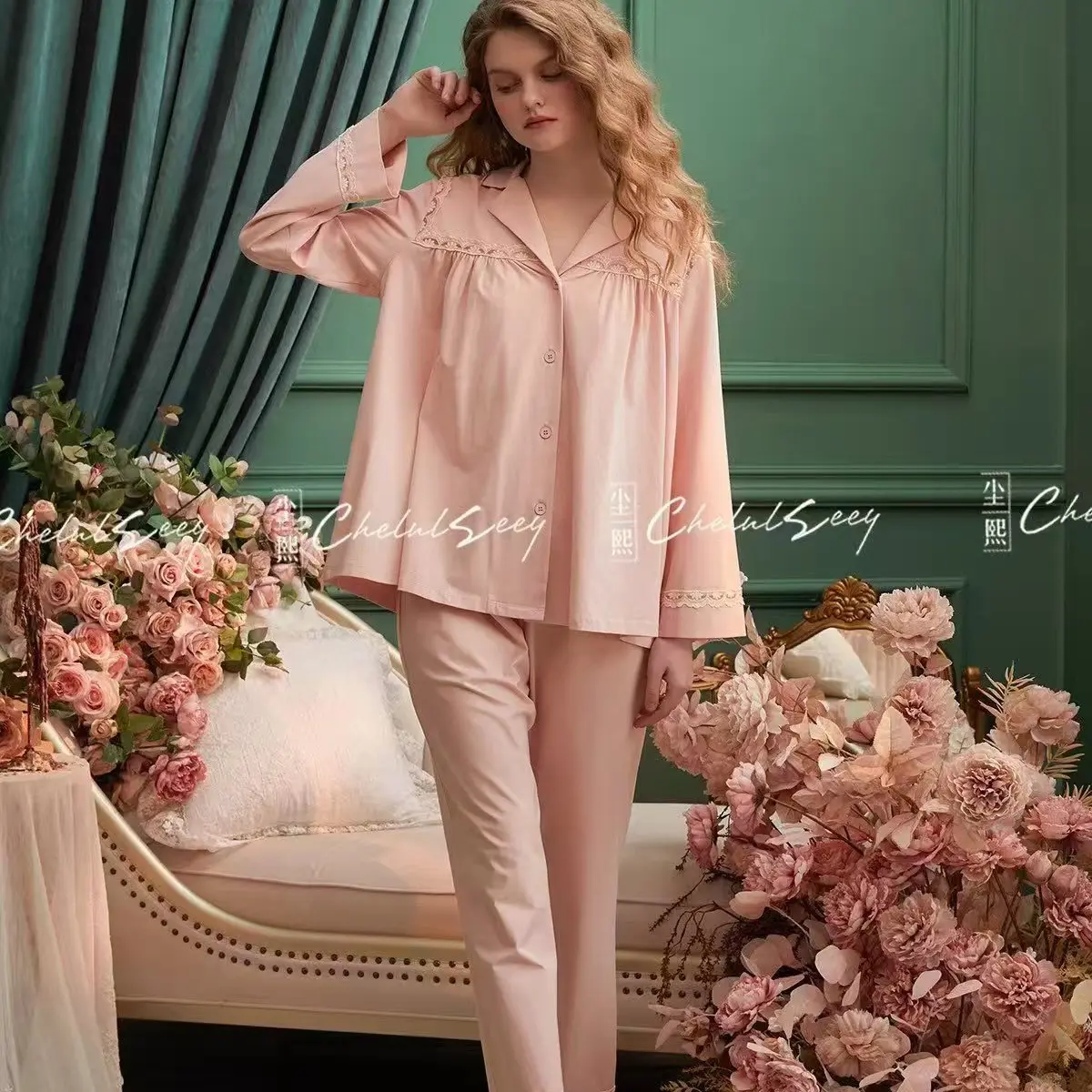 尘熙9387长袖长裤简约宽松纯色甜美风女士睡衣家居服套装