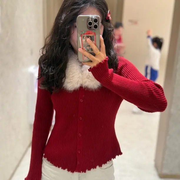 秋冬新款毛领修身显瘦长袖针织衫日系甜美风内搭单穿