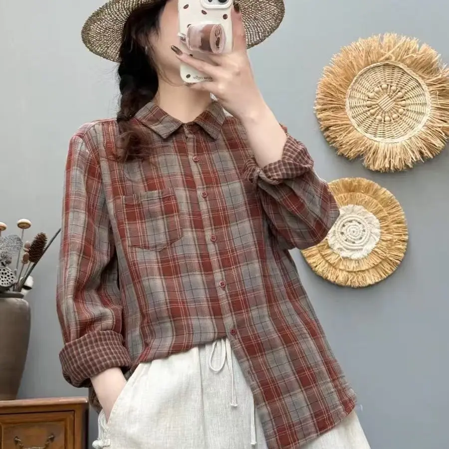 8212新款长袖双层棉纱格子衬衫女宽松休闲百搭文艺纯棉翻领上衣