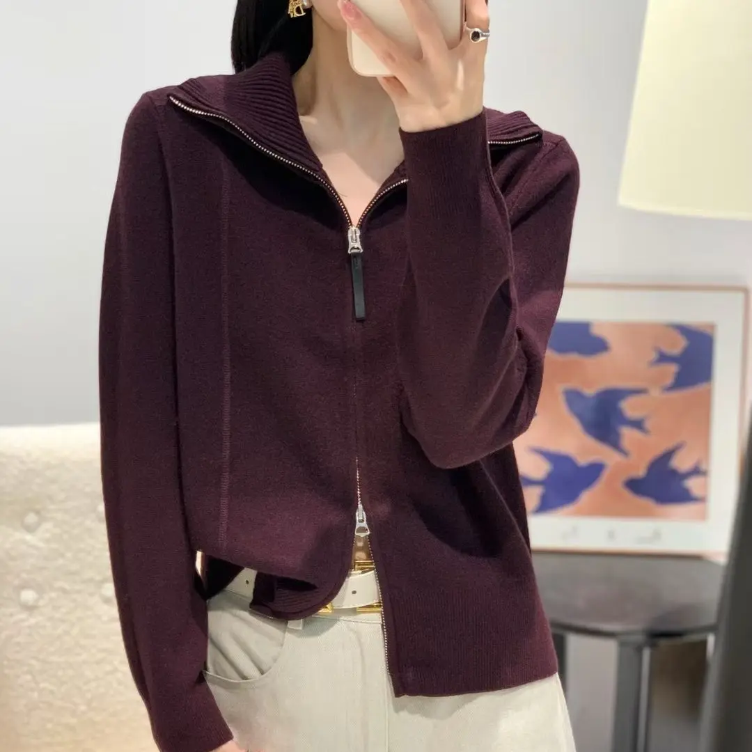 秋冬百搭显瘦双拉链翻领针织开衫女上衣