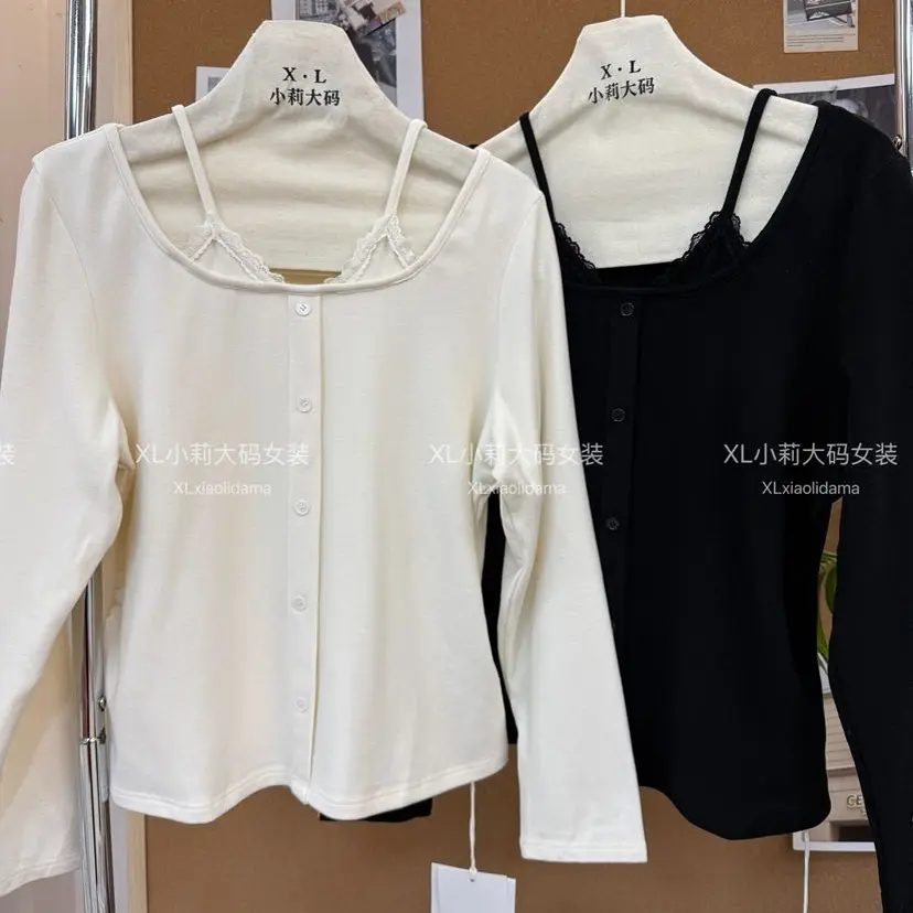 大码辣妹纯欲蕾丝加绒假两件长袖T恤秋冬新款