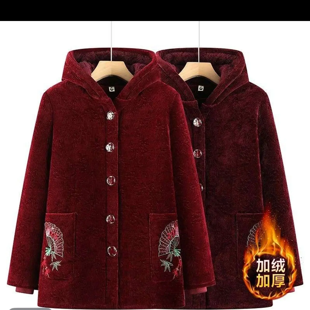 冬季新款中老年加绒加厚连帽保暖棉衣外套