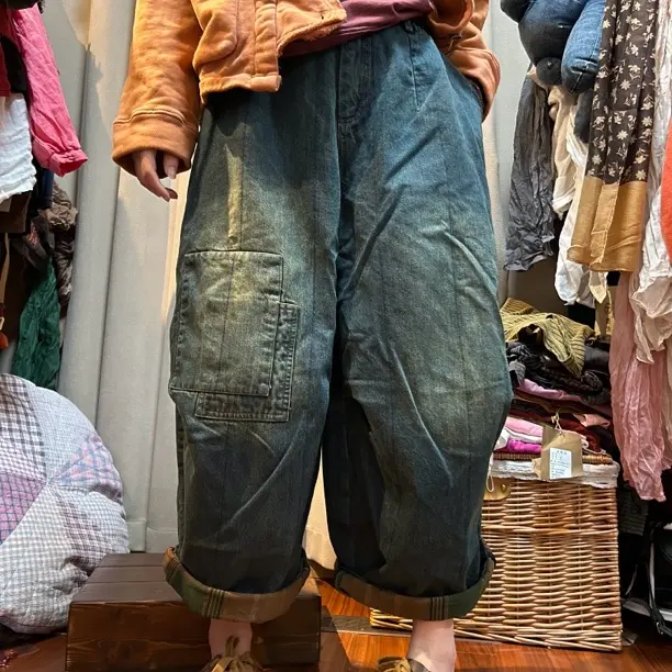 妞妞 新款双层原创设计复古做旧拼接宽松休闲牛仔裤