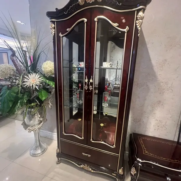 法式实木双门酒柜欧式复古客厅玻璃储物柜靠墙家用收纳展示边柜