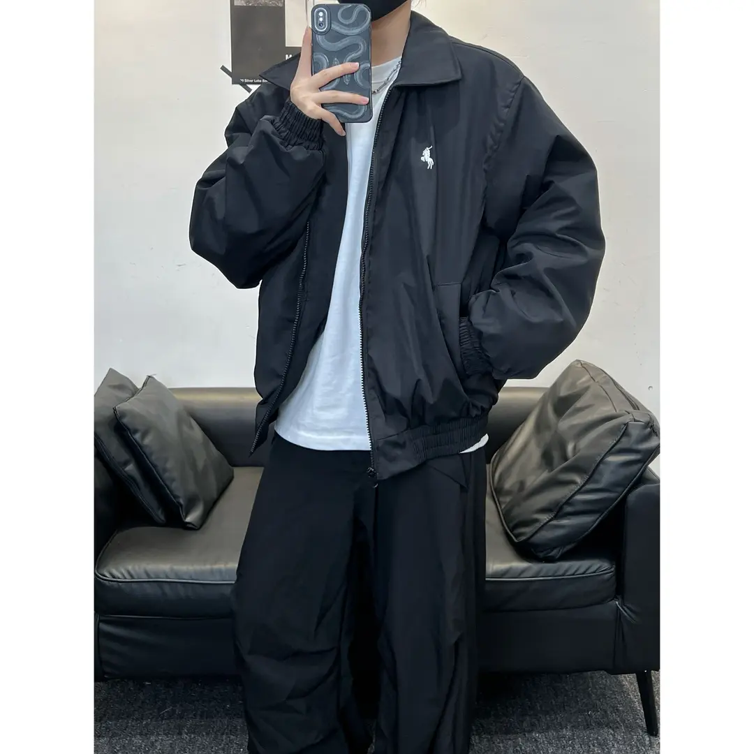 冬装刺绣加厚棉服男女同款百搭宽松简约保暖面包服翻领棉衣外套潮