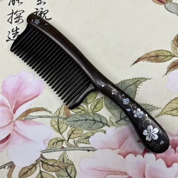 紫光檀螺钿插齿木梳 樱花 多花款