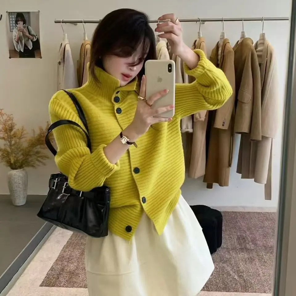 韩系慵懒风高领纯色针织开衫女秋冬显瘦百搭休闲风毛针织衫