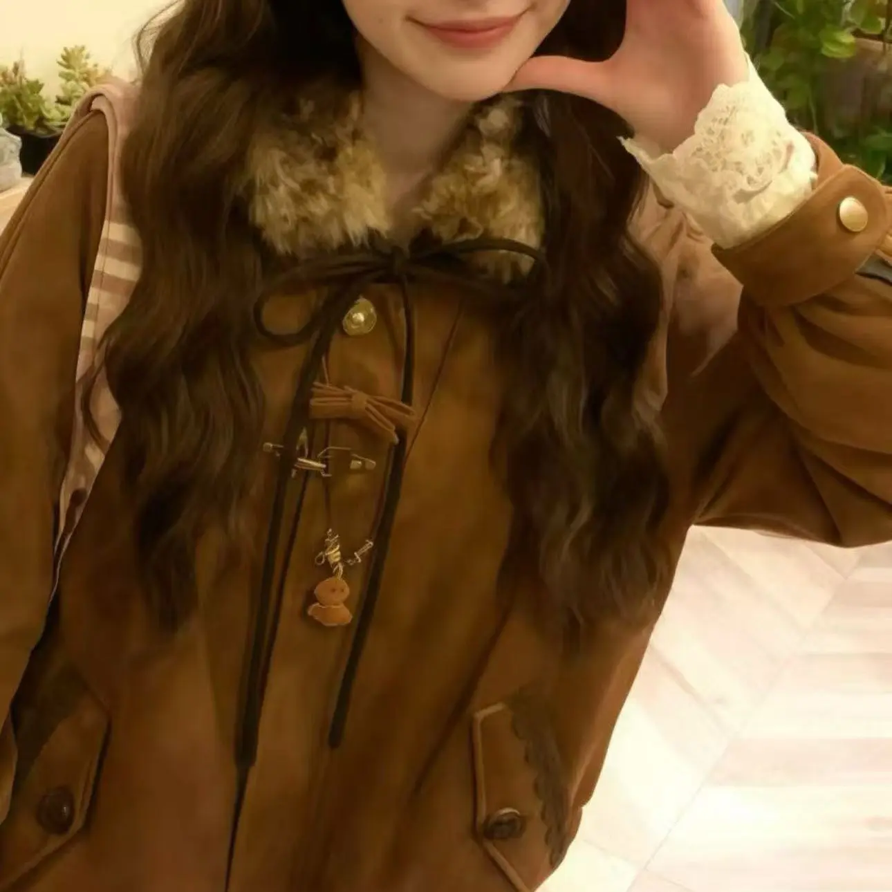 DL大码女装棉服夹克西部牛仔秋冬日杂风可拆卸毛领美拉德棕色外套