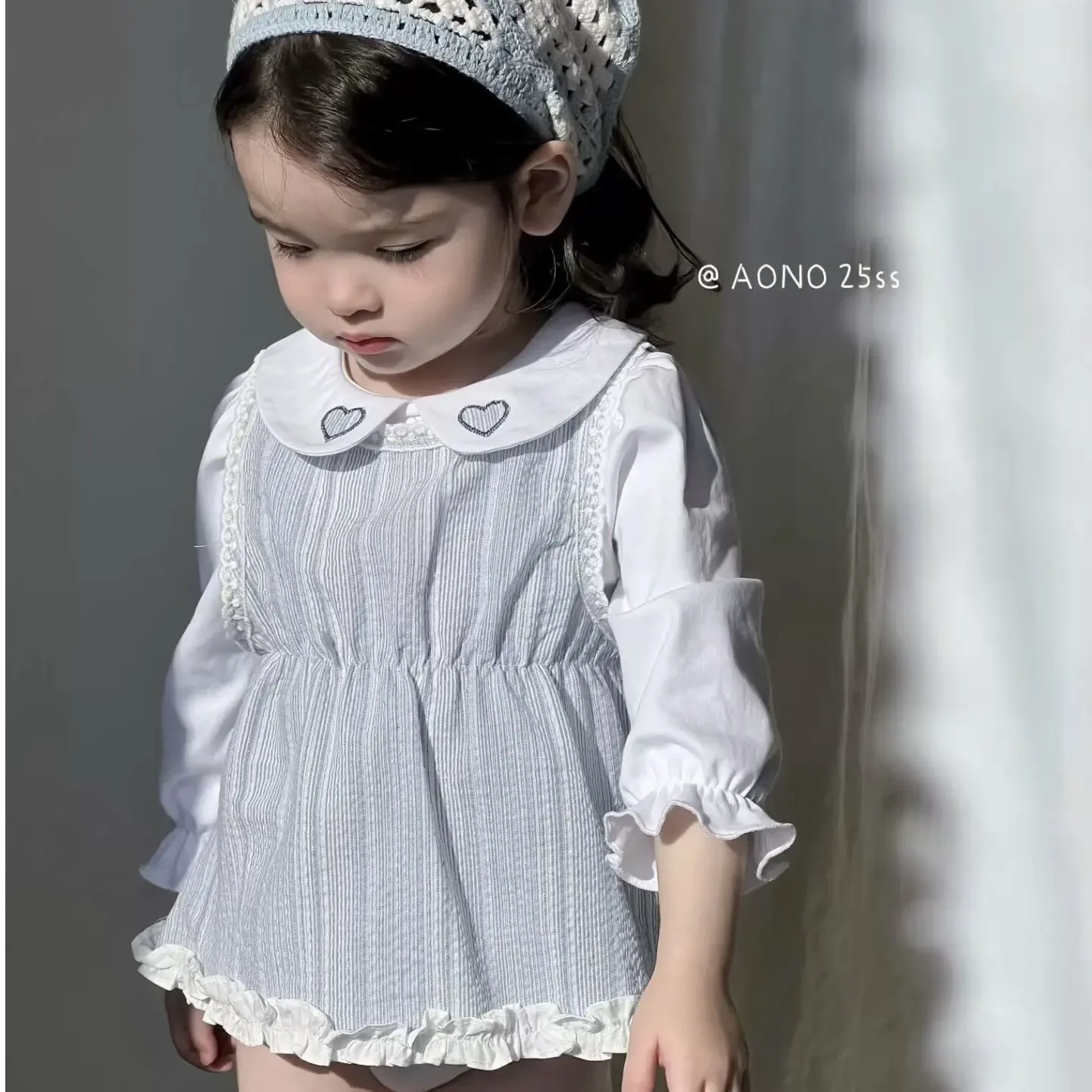 春秋款小清新刺绣爱心娃娃领包屁两件套