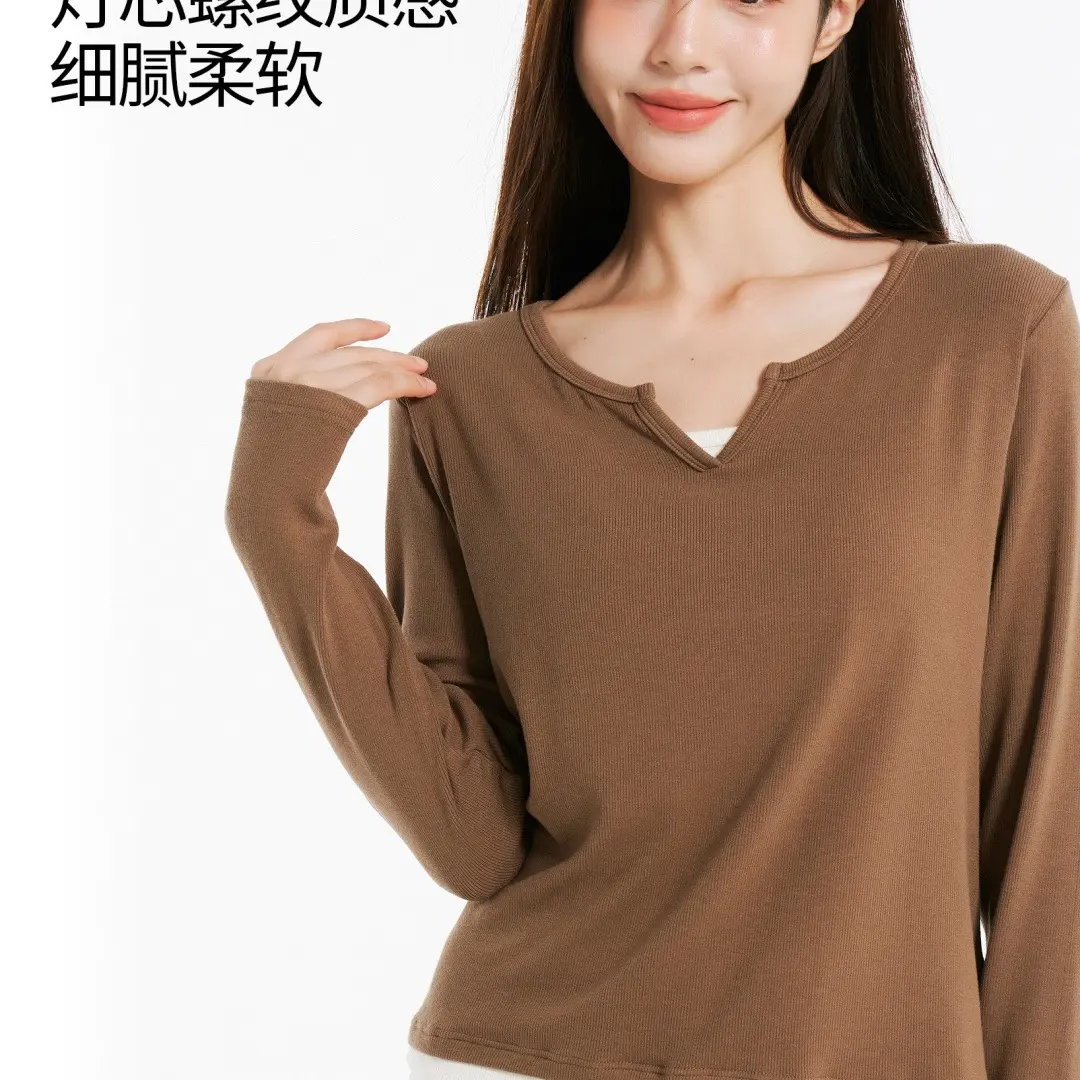 美娜舒丹-色柚-女士撞色假两件长袖修身显瘦打底衫T恤-3085