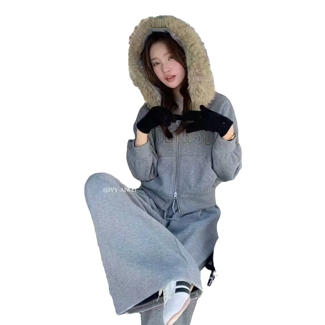 最新款冬季韩版休闲加绒毛领连帽卫衣秋冬阔腿裤套装