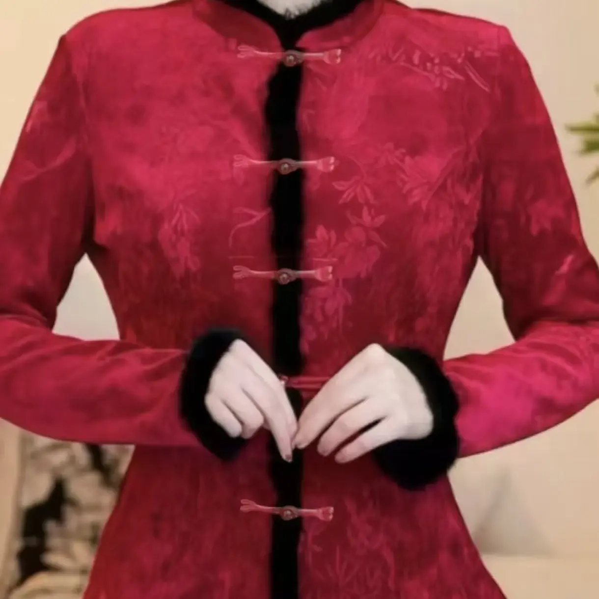 新中式国风秋冬加厚提花气质修身显瘦百搭毛领上衣