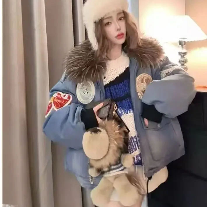 娃娃领毛领拼接宽松牛仔长袖外套时尚连帽