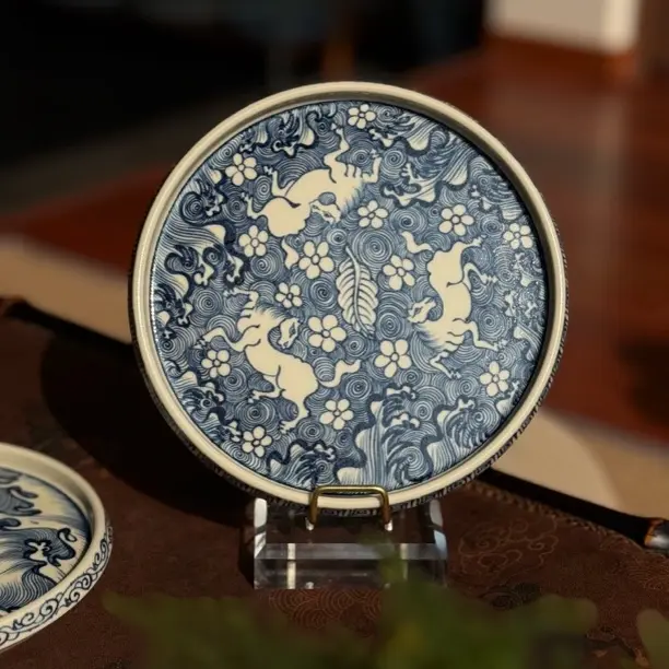 知否｜甄选景德镇陶瓷茶具元青花幽蓝溪堂二号釉海浪马壶承18直径
