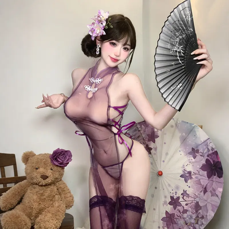 猫猫❤新中式性感国风旗袍紫色古风纯欲网纱包臀睡裙家居服L80