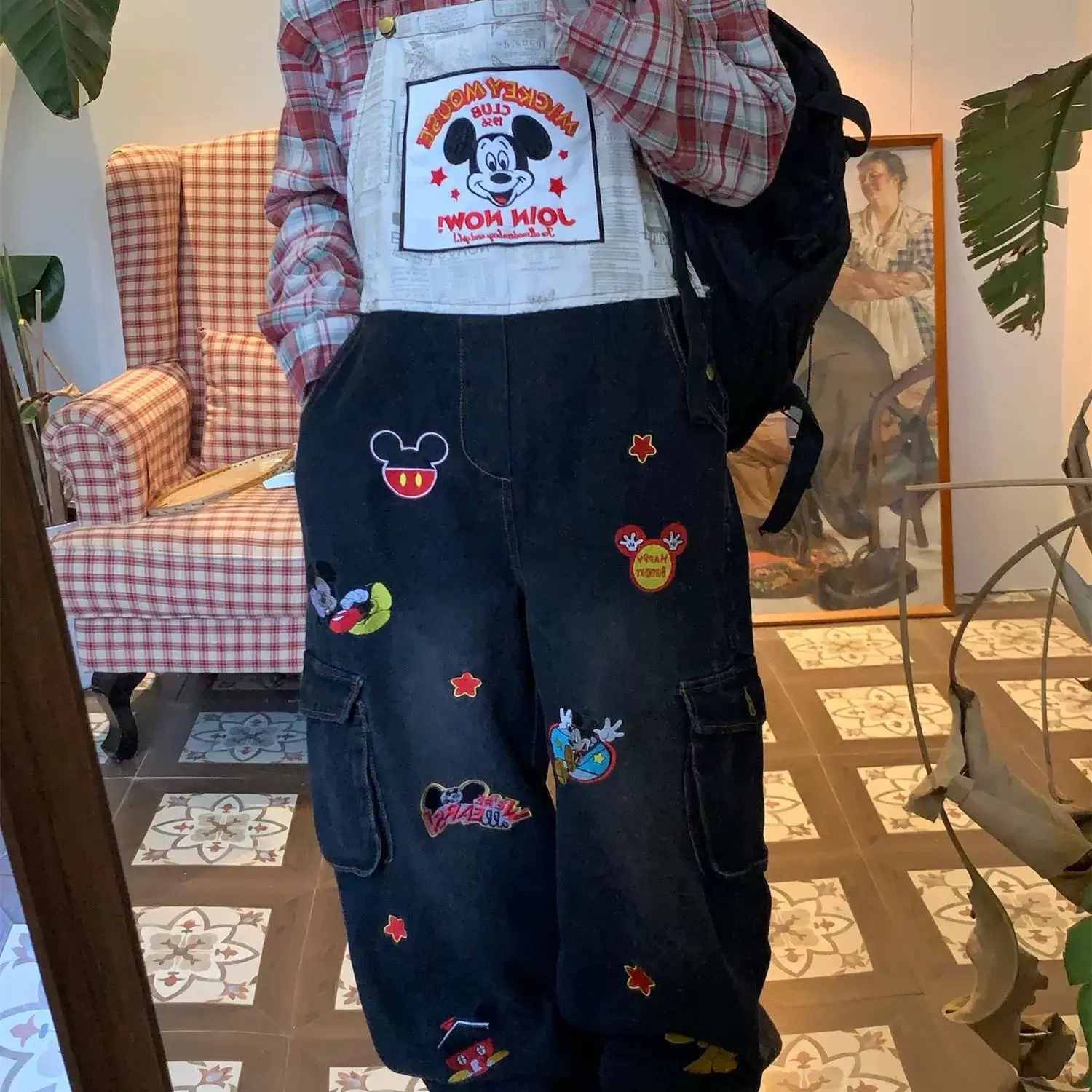 复古米奇印花宽松破洞做旧绣花背带裤