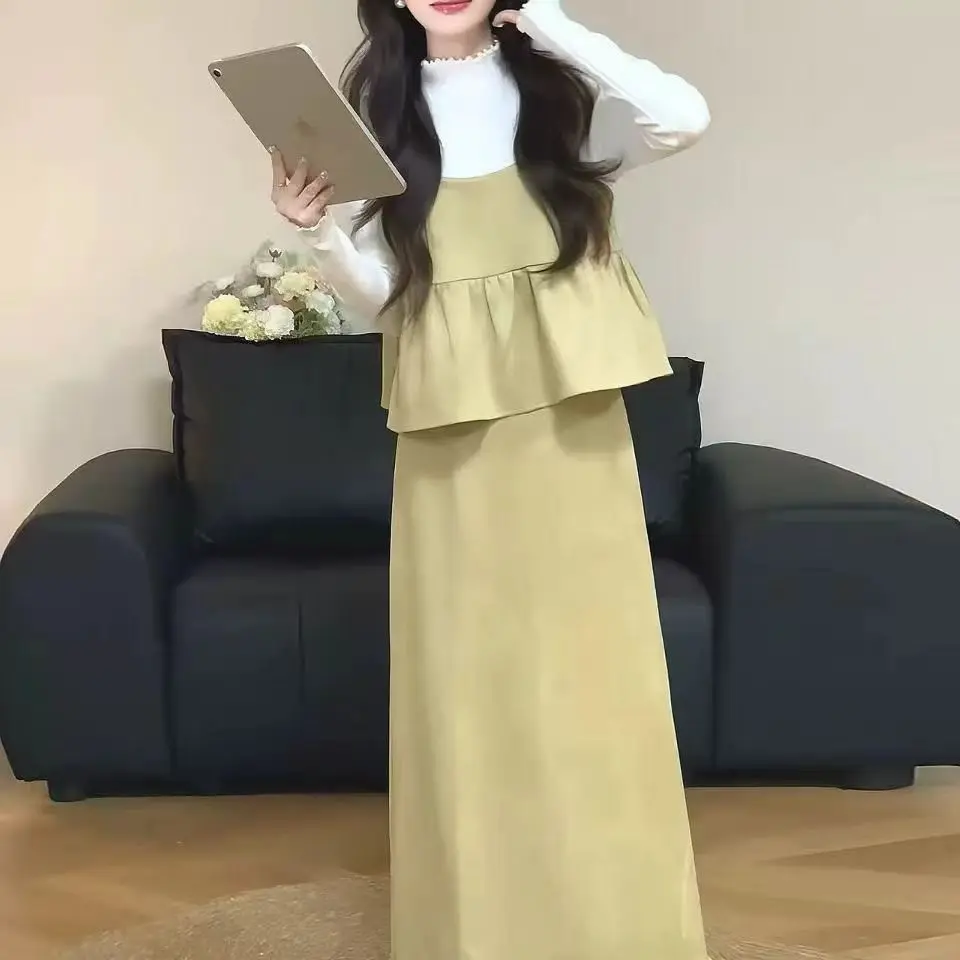 早秋姐系贵感吊带上衣搭配高腰直筒半身裙套装大码显瘦三件套