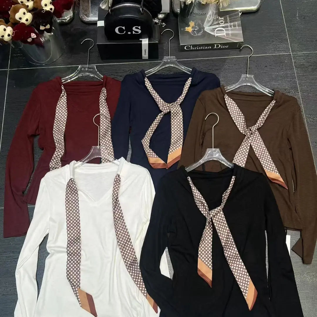 V领系带长袖T恤女韩系甜美复古修身显瘦丝巾拼接百搭上衣秋季新款