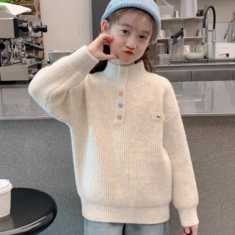 软糯保暖秋冬新款女童毛衣中大童休闲洋气儿童纽扣韩版打底针织衫