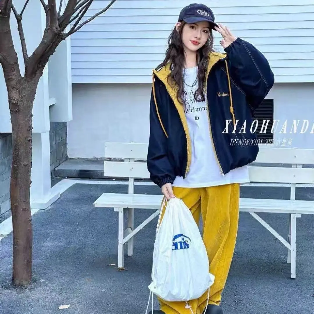 女童秋冬新款韩版拼色加绒连帽外套中大童女孩洋气休闲时尚夹克