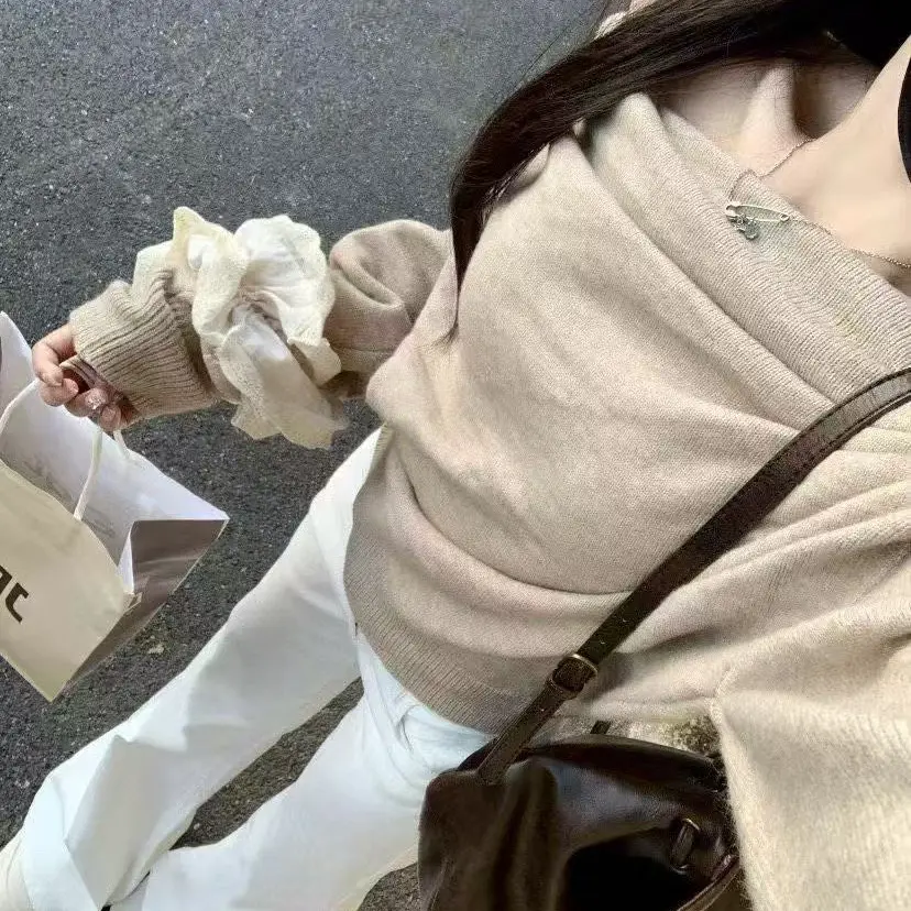 韩系慵懒风一字肩长袖针织衫女秋冬新款宽松软糯上衣