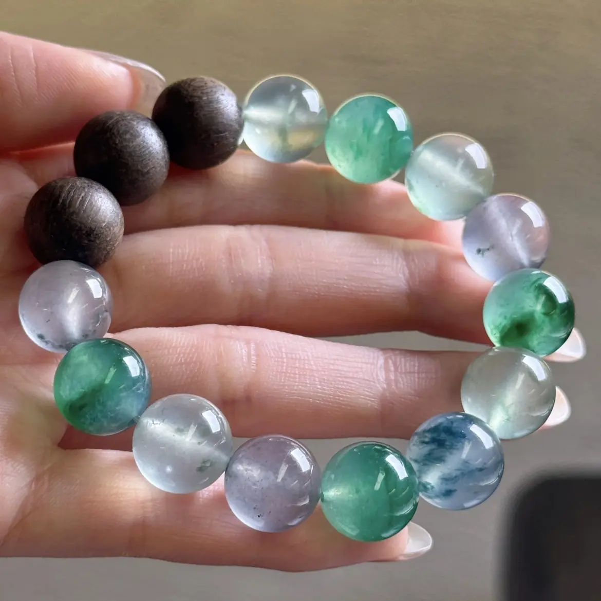 天然缅甸翡翠A货幻彩玛卡龙手串多宝冰种高冰种特色飘花阳绿甜绿