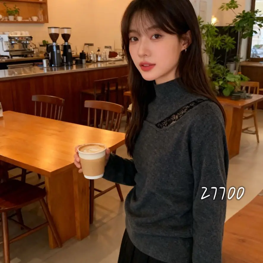 爆品 高品质休闲设计感简约圆领长袖针织衫女显瘦毛衣套头打底衫