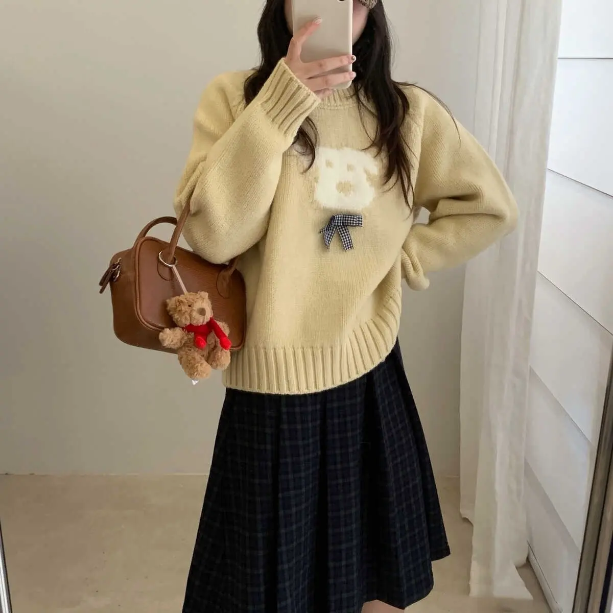 韩系蝴蝶结小狗提花圆领套头针织衫女秋冬新款宽松百搭