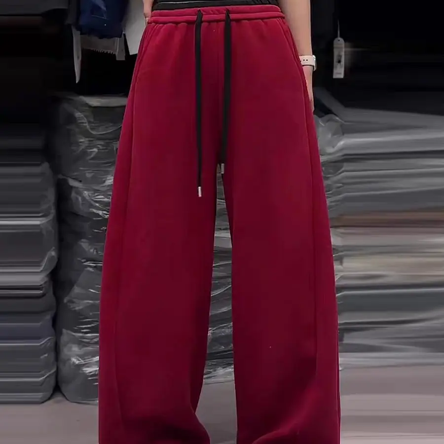 34冬季加绒加厚高腰宽松阔腿裤女时尚简约松紧腰休闲裤显瘦百搭