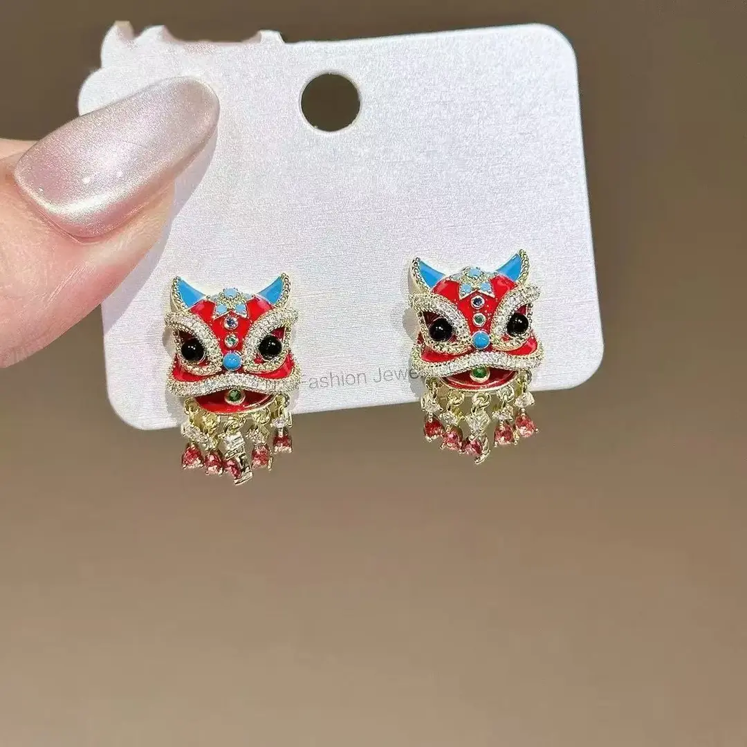 合金耳饰  8535新中式国潮醒狮耳钉小众中国风氛围感珐琅滴油耳环