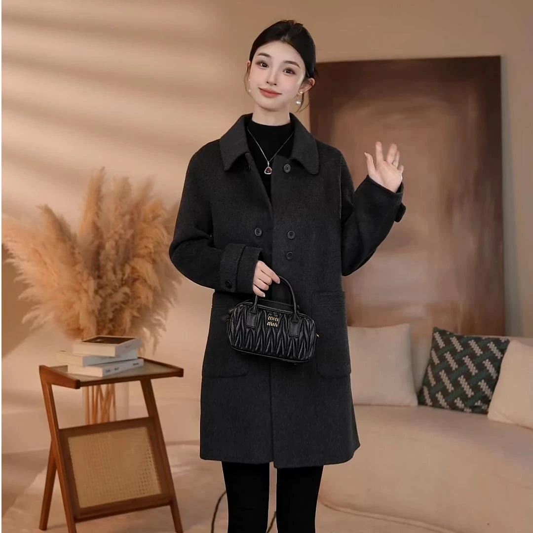 【曼贝春兰】8584418深灰色曼贝双面羊绒大衣高端百搭羊绒外套毛呢