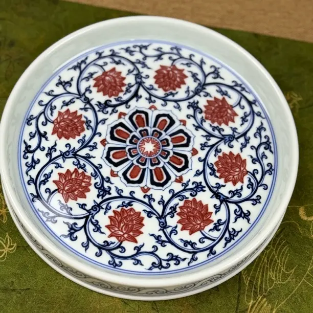 手工手绘复古青花釉里红陶瓷壶承