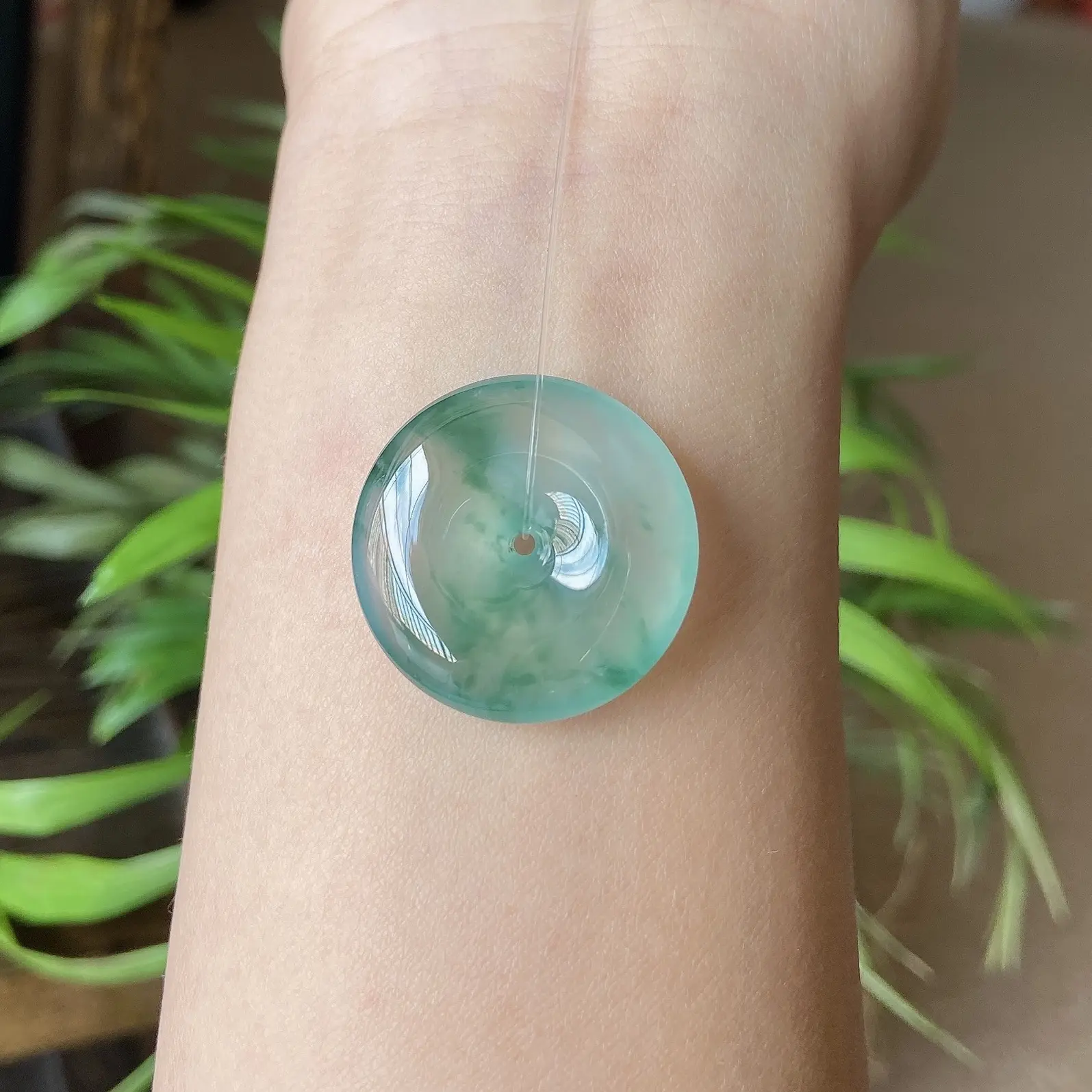 天然缅甸a货翡翠冰种飘蓝花起胶起光平安扣26-6.2