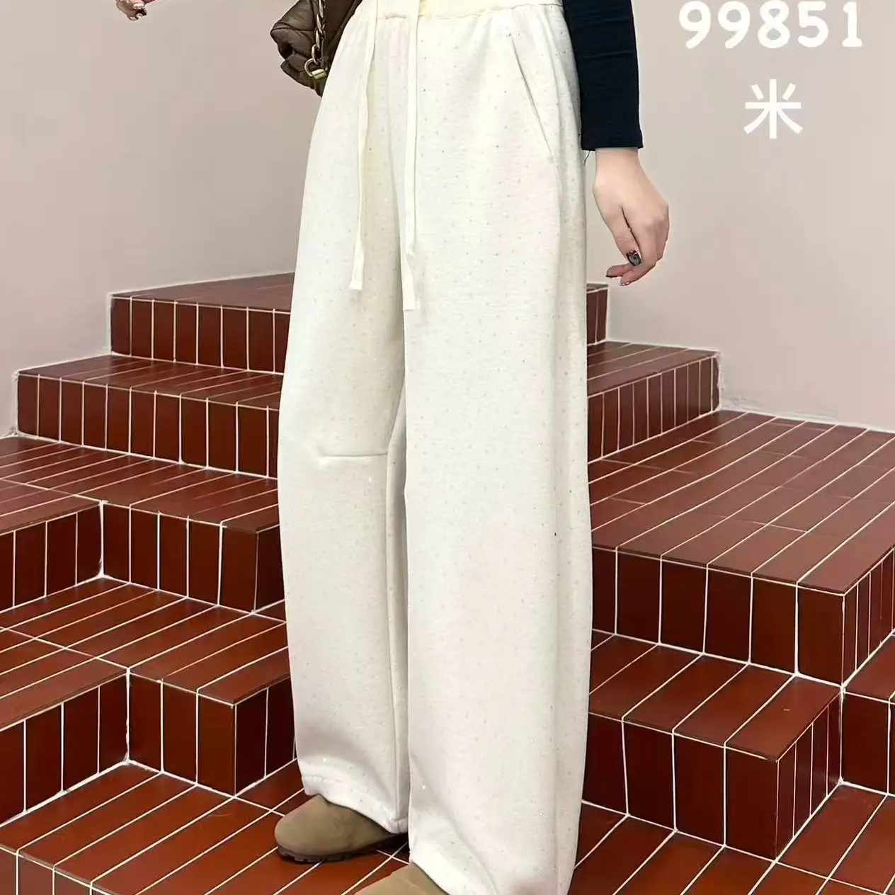 秋冬新款重工烫钻加厚直筒阔腿休闲女裤