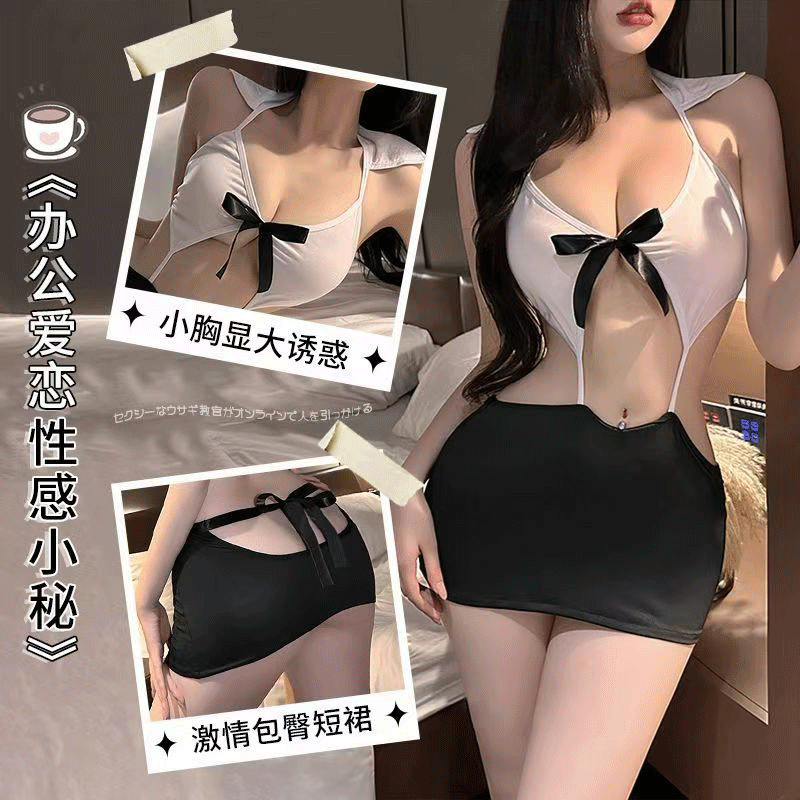 纯欲镂空深V新款网红性感内衣午夜魅力秘书ol制服短裙套装