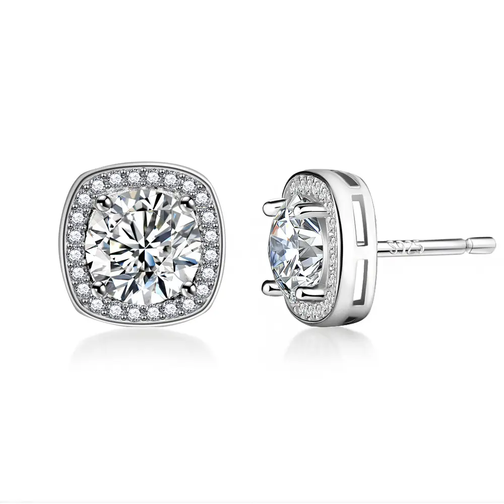 925银耳饰 莫桑钻 许昌超市正品 925银【小方糖耳钉】带小票证书1ct