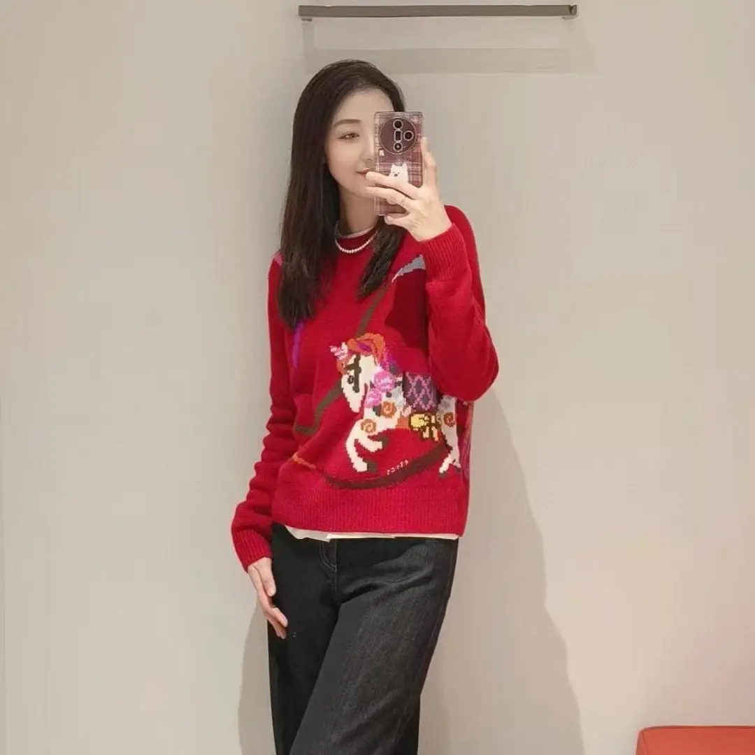 过年款马年限定提花针织衫软糯亲肤圆领厚款毛衣时尚百搭显瘦上衣