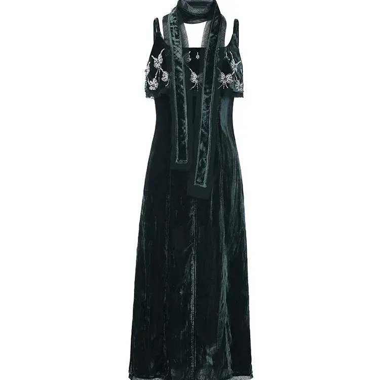 lefame拉飞姆2025春季复古丝绒蝴蝶结压褶钉珠连衣裙LF25C21SO085