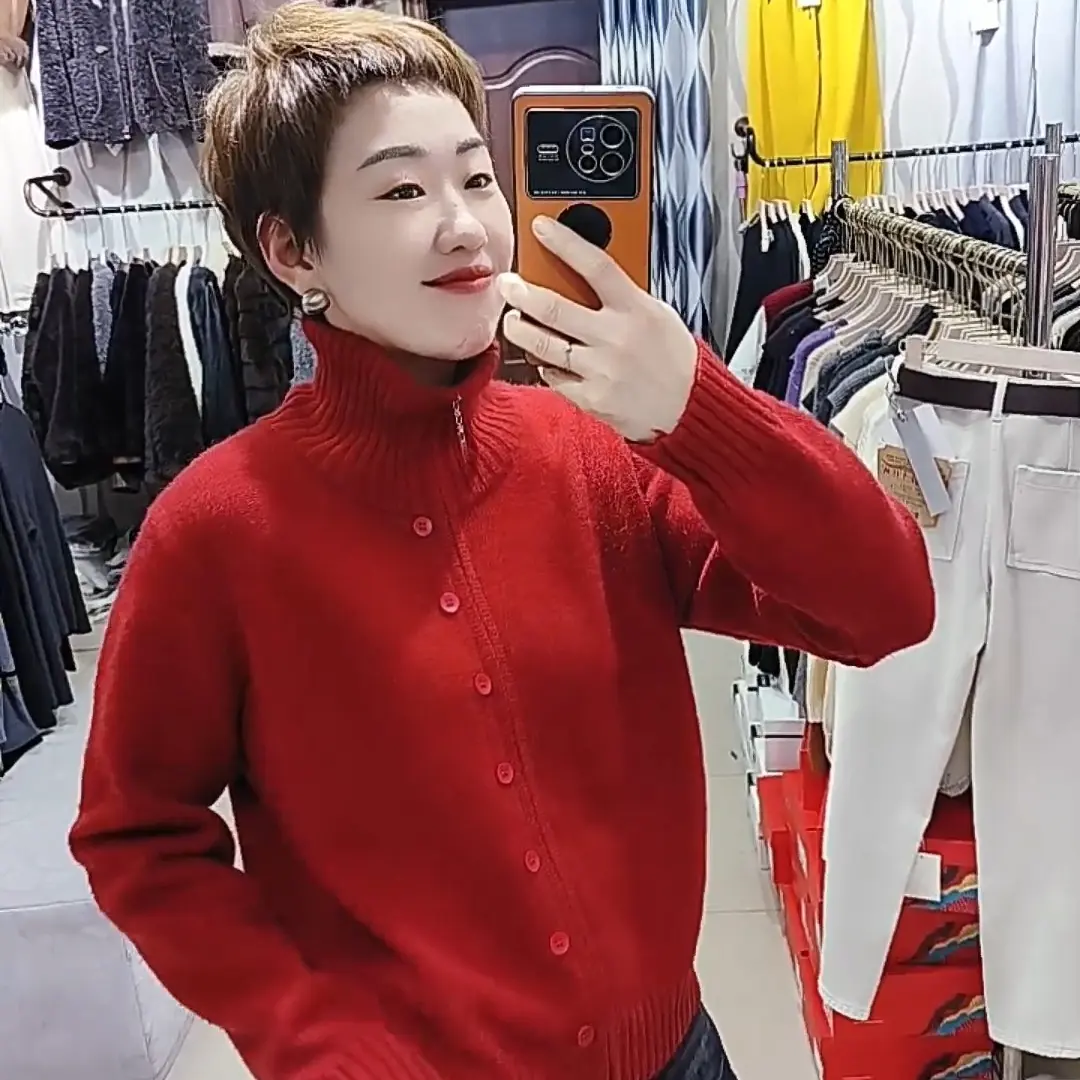 纯色立领拉链款秋冬厚款慵懒风针织毛衣宽松百搭开衫女