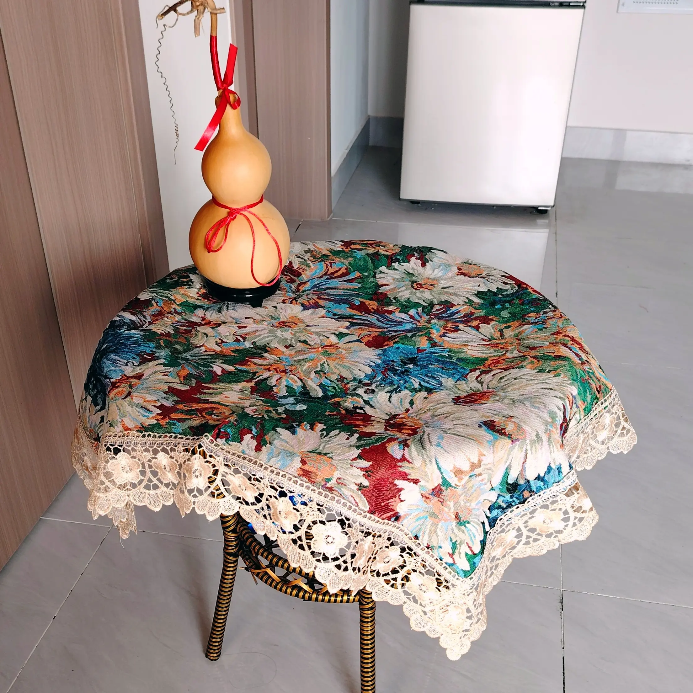 DY231-2棉麻（85cm方）彩菊彩色花边蕾丝边盖巾防尘