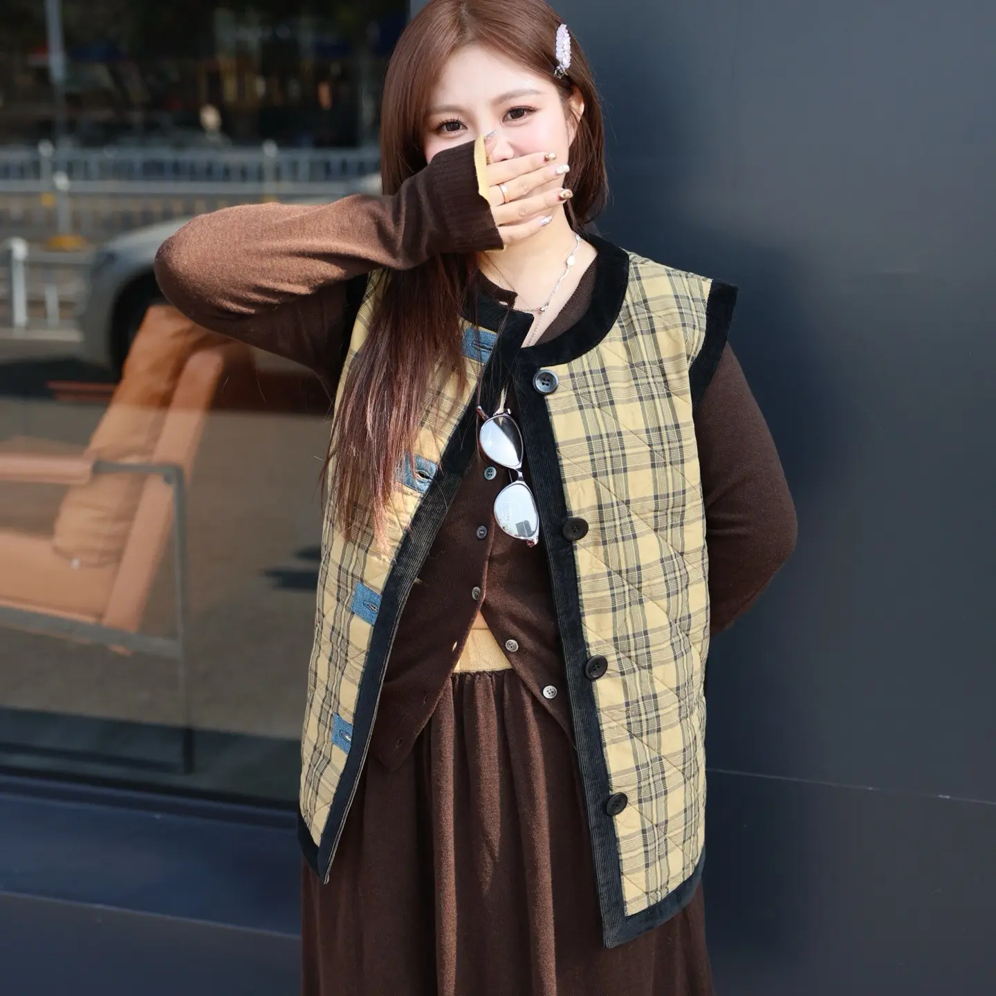 SHORTSENTENCE短句四季通用格子通勤风马甲拼接马夹粗花呢短外套